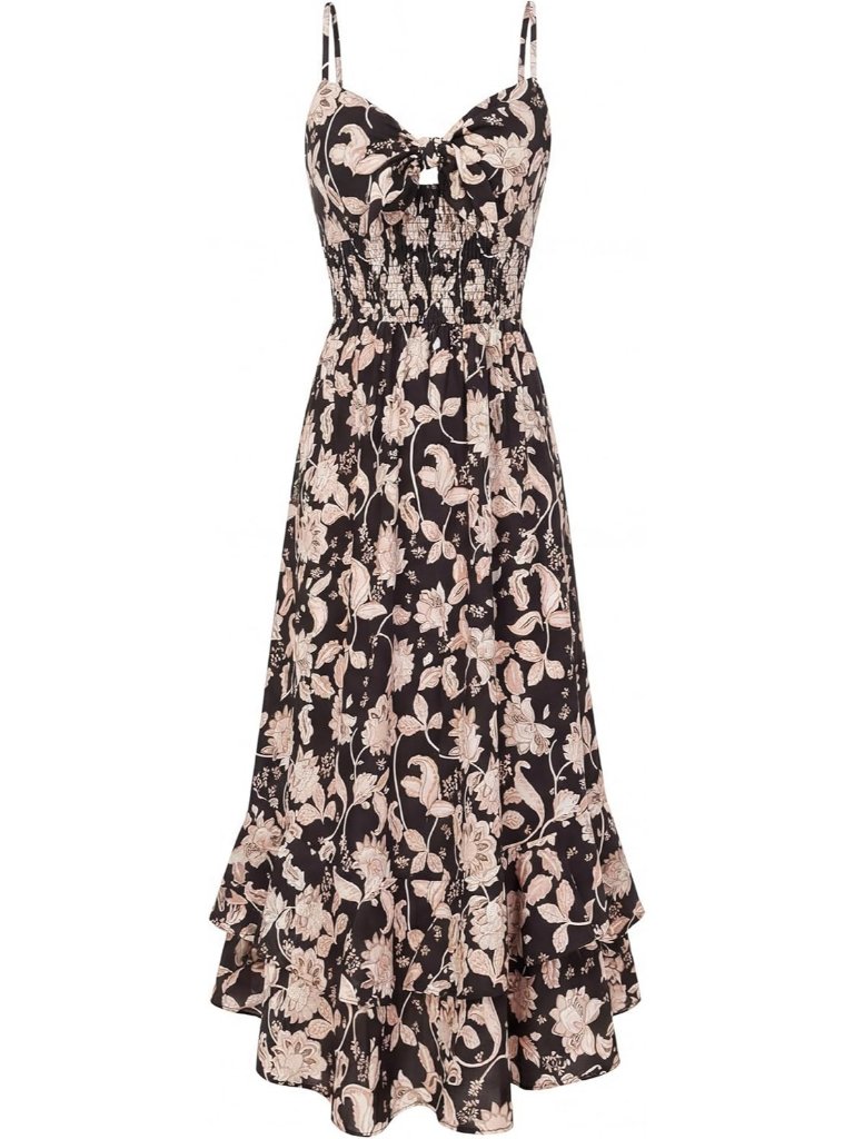 Women's Black And Beige Boho Floral Maxi Sundress Beach Dress With Pockets